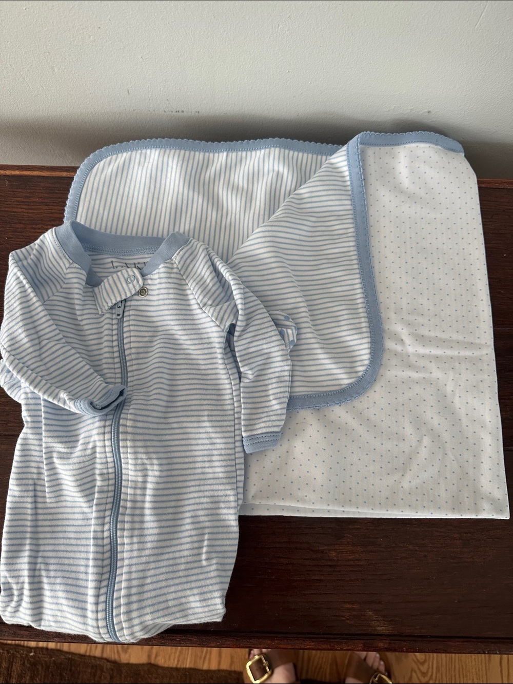 Lake Blue & White Striped Baby Zip PJ and Swaddle Blanket
